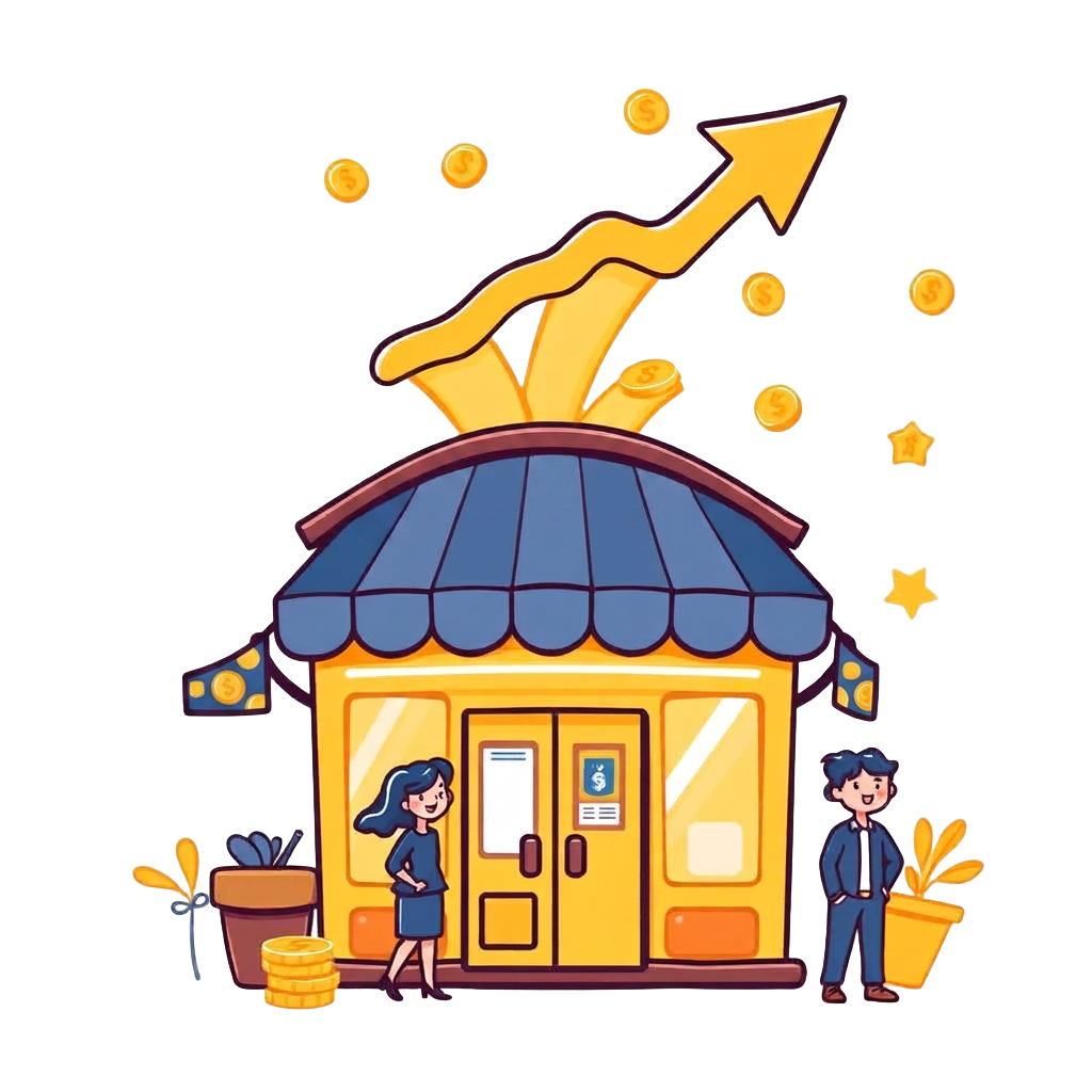 Cartoon of a booming business with rising sales arrow and coins